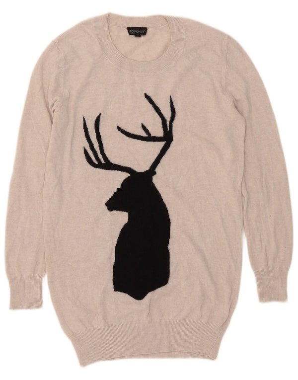 Topshop Dame Longline Graphic Crew Neck Jumper Sweater UK 8 Small Beige