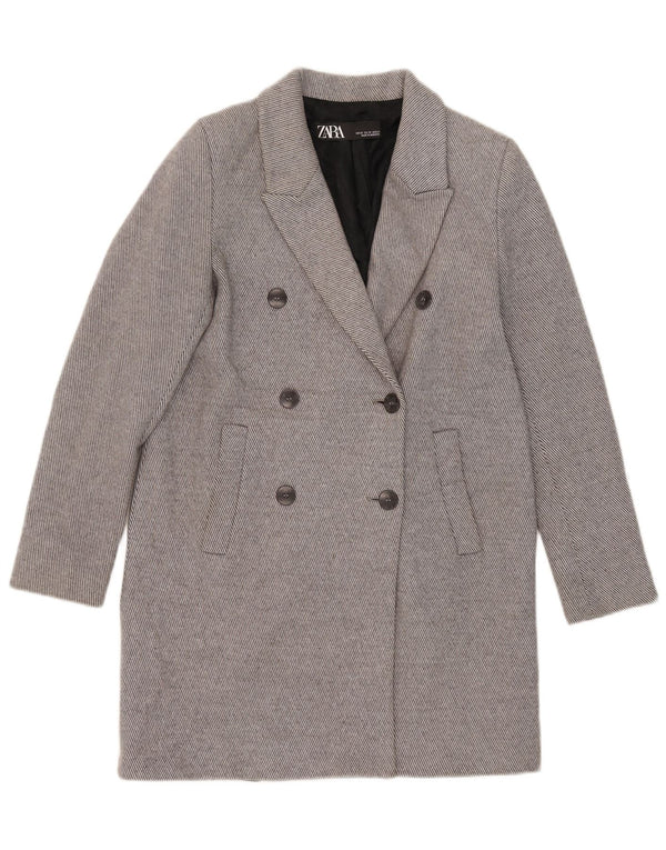 Zara Womens Loose Fit Double Breasted Coat UK 6 XS Grey Pinstripe Cotton