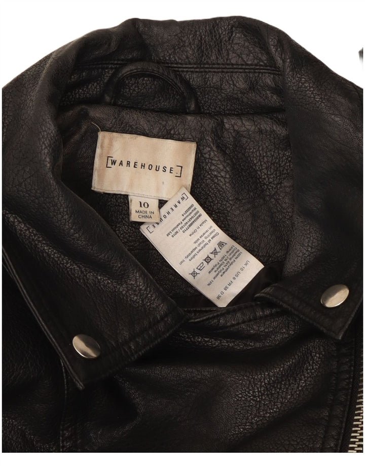 Warehouse Dame imiteret læder Biker Jacket UK 10 Small Black Polyurethane