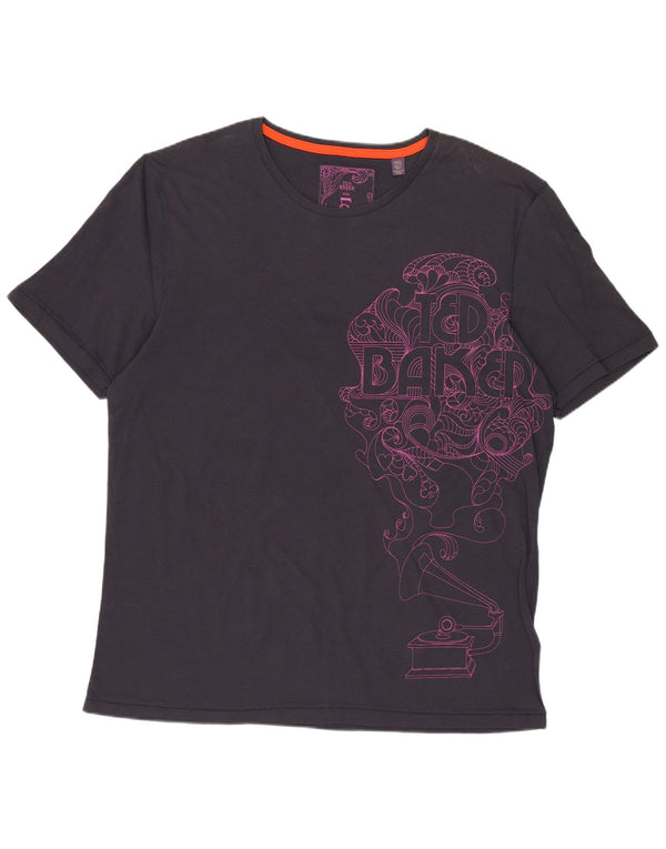 Ted Baker Herre grafisk T-shirt Top Størrelse 5 XL Marineblå Bomuld