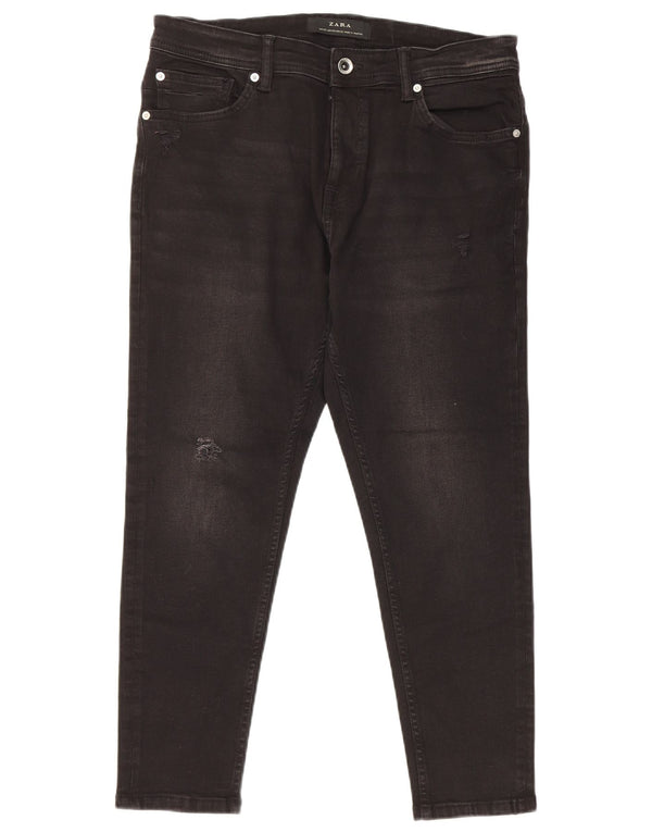 Zara Womens Distressed Cropped Jeans EU 42 Large W32 L25 Black Bomuld
