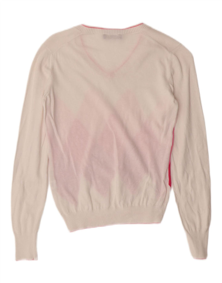 FAY Womens V-Neck Jumper Sweater UK 10 Small White Argyle/Diamond Cotton Vintage Fay and Second-Hand Fay from Messina Hembry 