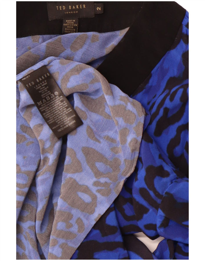 TED BAKER Langærmet bluse til kvinder i top størrelse 2 Lille blå dyreprint