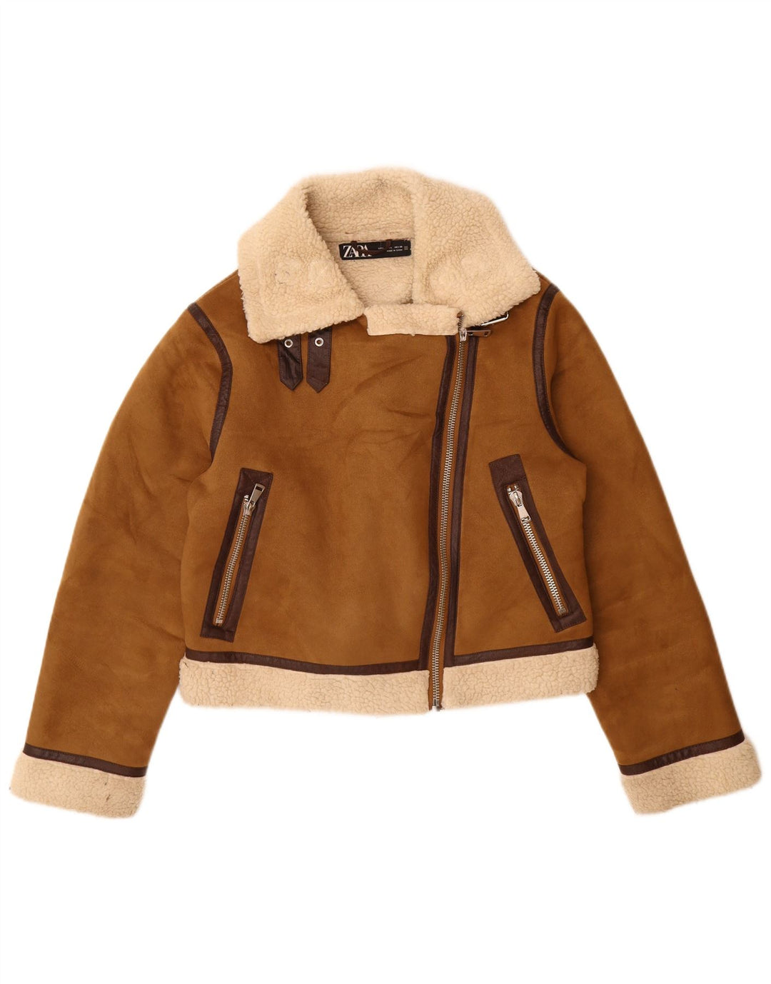 Zara Sherpa-jakke til kvinder UK 16 Stor brun polyester