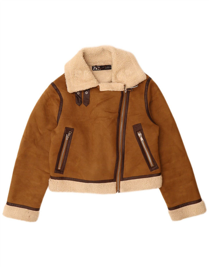 Zara Sherpa-jakke til kvinder UK 16 Stor brun polyester