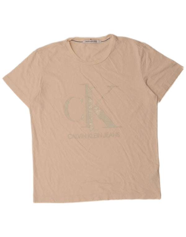 Calvin Klein Jeans Mens Graphic T-Shirt Top XL Beige Cotton