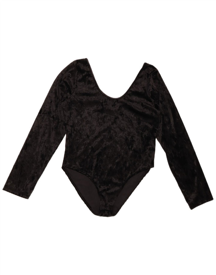 VINTAGE Dame Velour Langærmet Bodysuit UK 10 Small Black Polyester