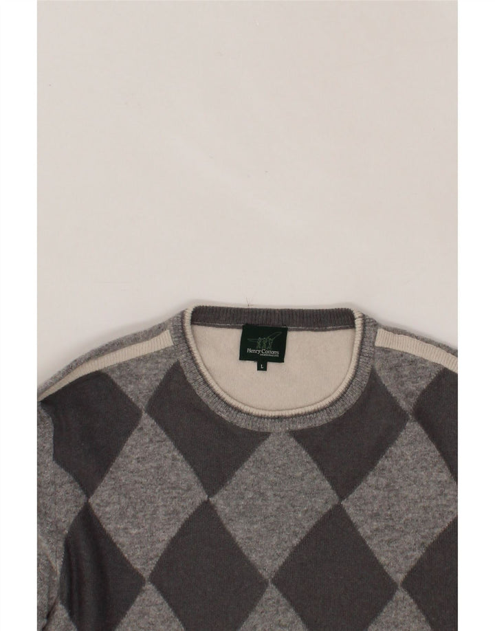 HENRY COTTONS Mens Crew Neck Jumper Sweater Large Grey Argyle/Diamond Vintage Henry Cottons and Second-Hand Henry Cottons from Messina Hembry 