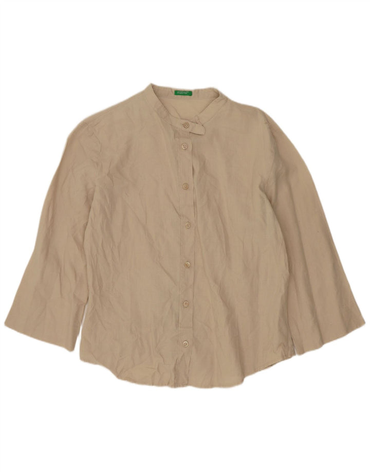 Benetton skjortebluse med 3/4 ærmer til kvinder UK 16 Stor Beige Ramie