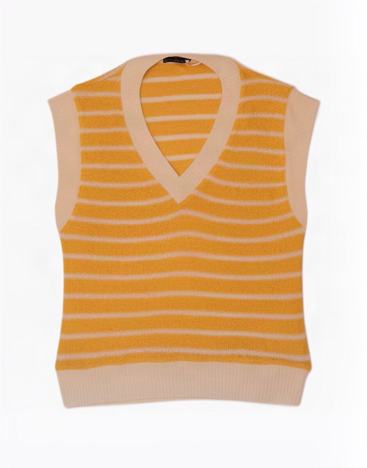 Zara Dame Vest Tank Top UK 14 Medium Gul Stribet Polyester