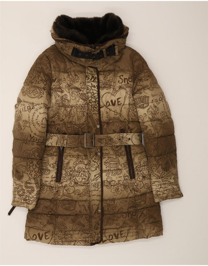 DESIGUAL kvinders abstrakt mønster grafisk polstret frakke EU 38 medium brun