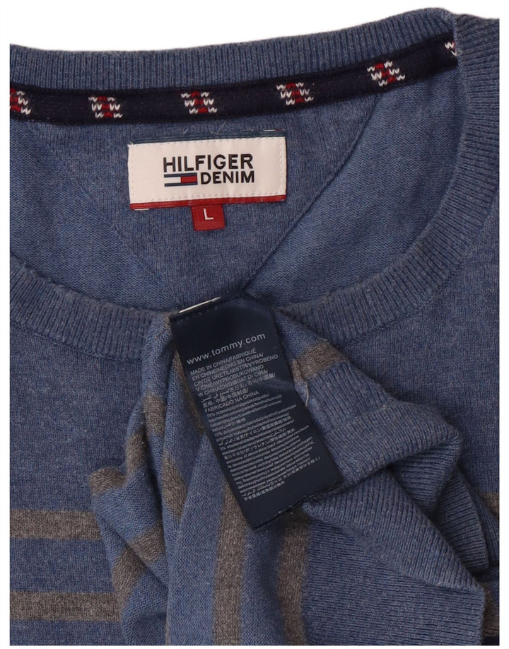 Tommy Hilfiger Herre Jumper Sweater med rund hals Stor blå stribet bomuld