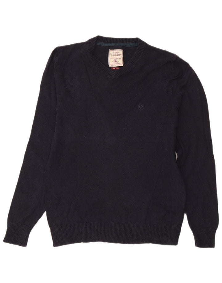 Fedt ansigt herre V-hals sweater lille marineblå bomuld