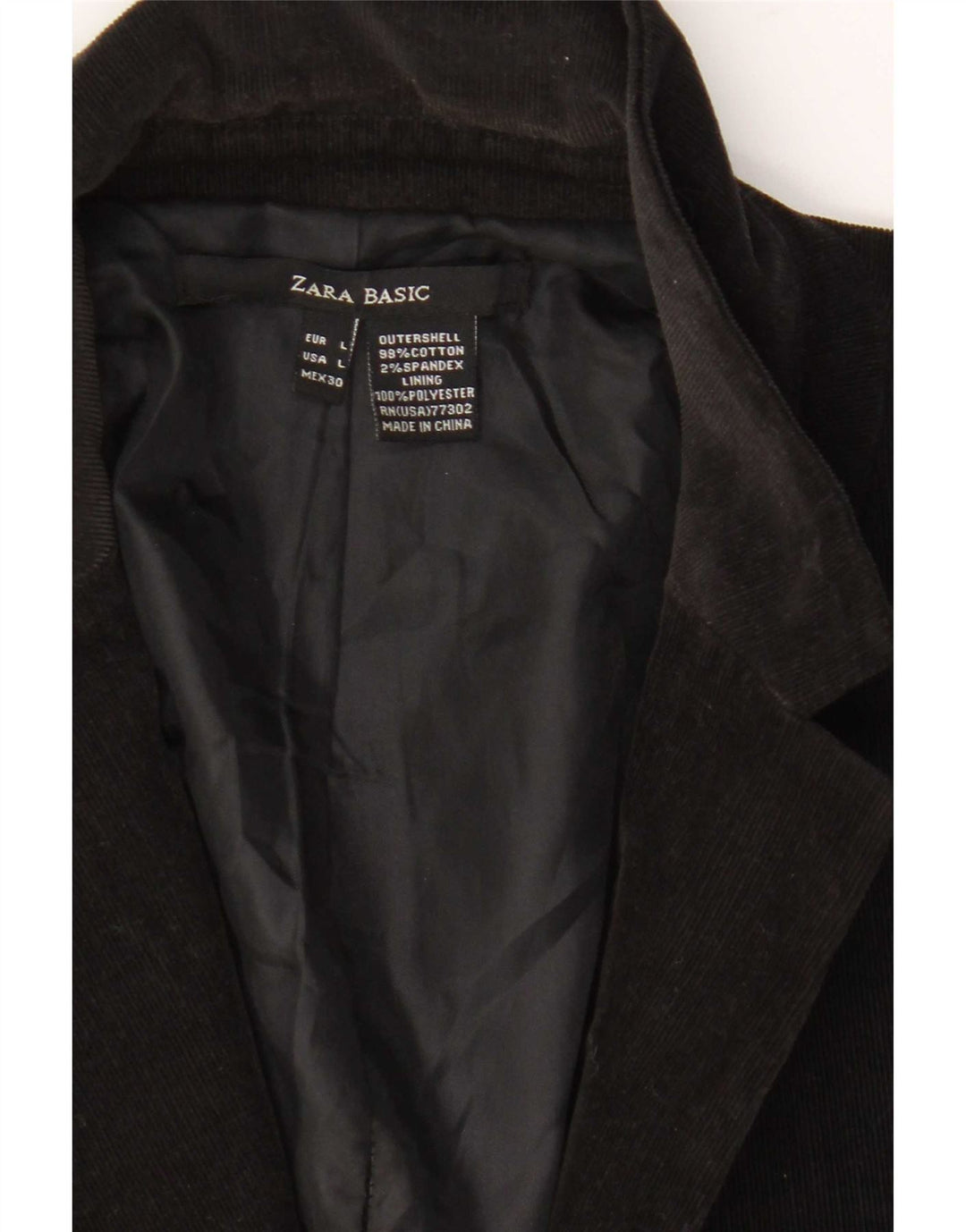 Zara Dame 1 Knap Corduroy Blazer Jacket UK 14 Stor Sort Bomuld