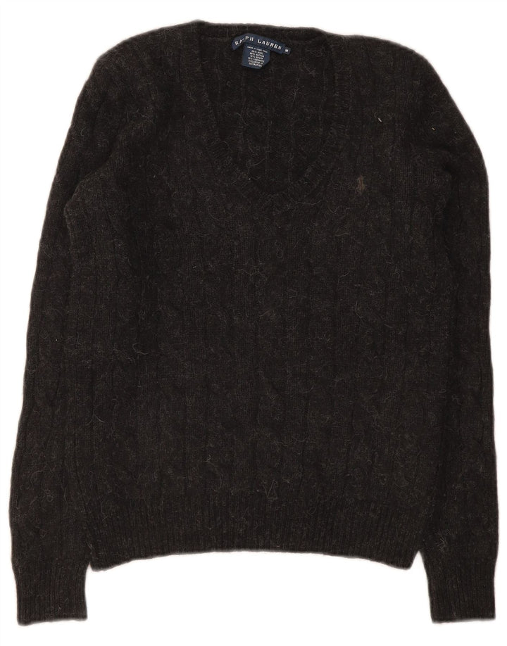 Ralph Lauren Dame V-hals sweater UK 12 Medium Grå Uld