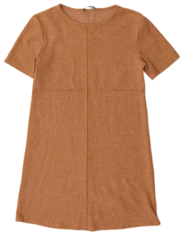 Zara Kvinder Kortærmet Skift Kjole UK 12 Medium Beige Bomuld