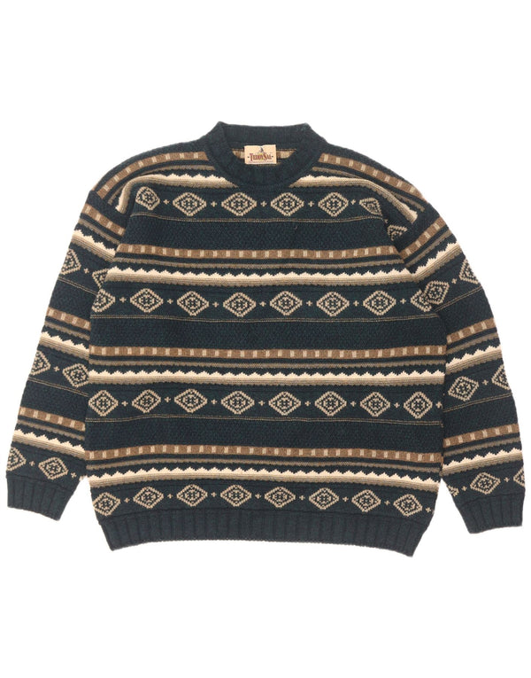Vintage herre sweater med rund hals XL Grøn geometrisk lammeuld