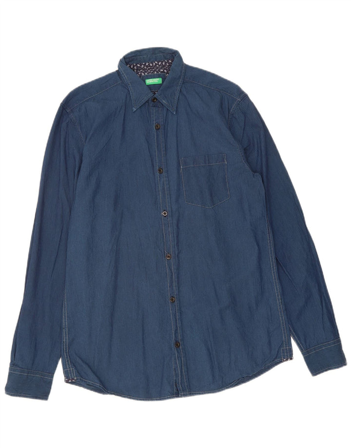 BENETTON Mens Shirt Large Navy Blue Pinstripe Cotton
