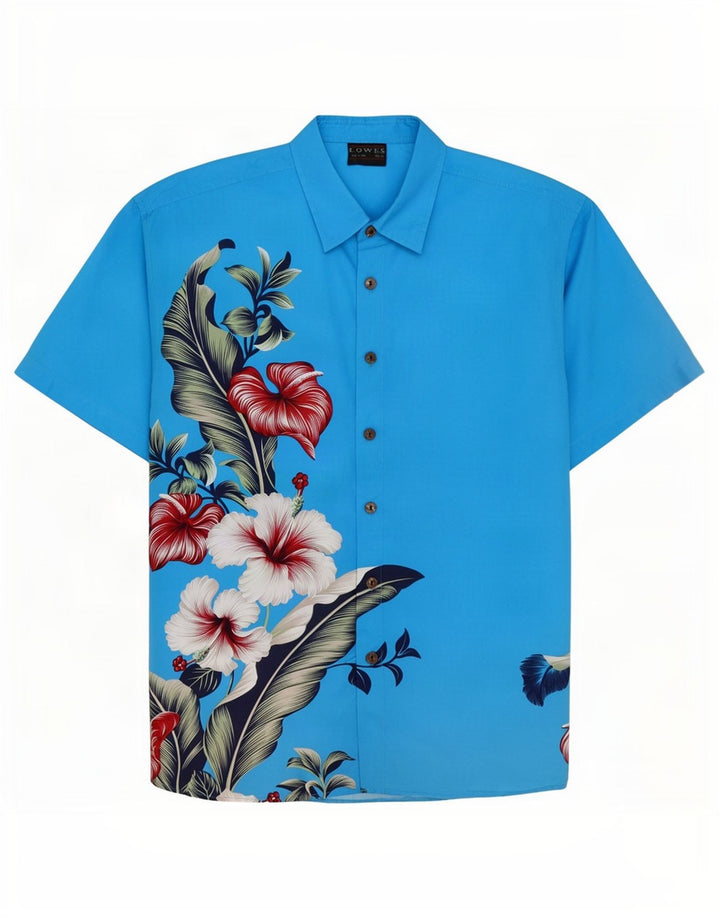 Lowes kortærmet herreskjorte 2XL blå blomsterpolyester Hawaiian