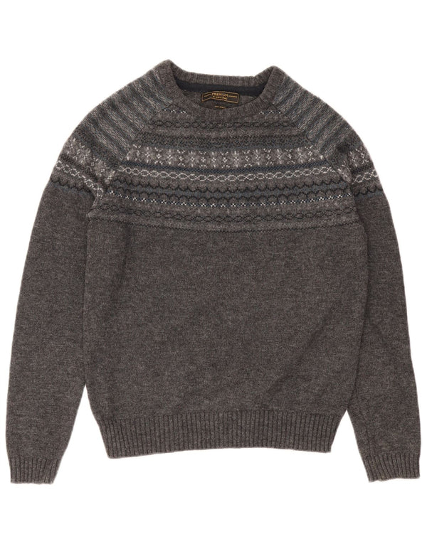 JACK & JONES Herre Boat Neck Jumper Sweater Medium Grey Fair Isle Lambswool