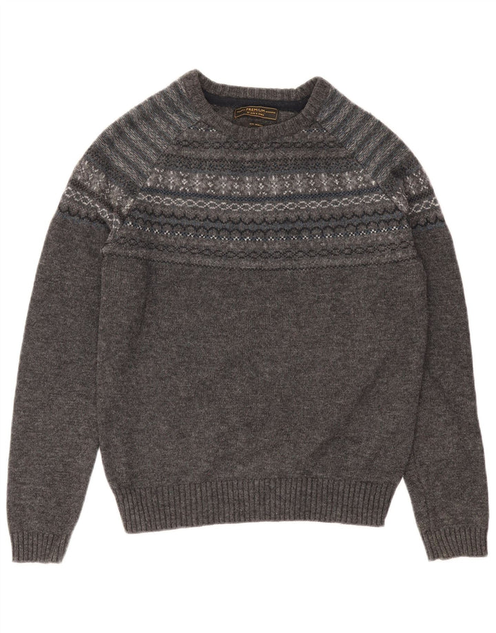 JACK & JONES Herre Boat Neck Jumper Sweater Medium Grey Fair Isle Lambswool