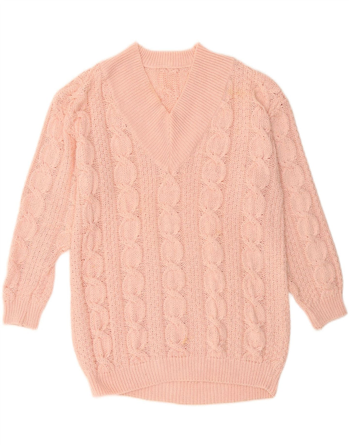 VINTAGE Dame V-hals sweater UK 16 Stor Pink Akryl