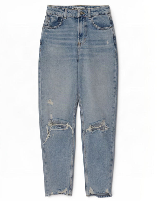 Zara Dame Højtaljede Distressed Tapered Jeans EU 34 2XS W24 L27 Blå