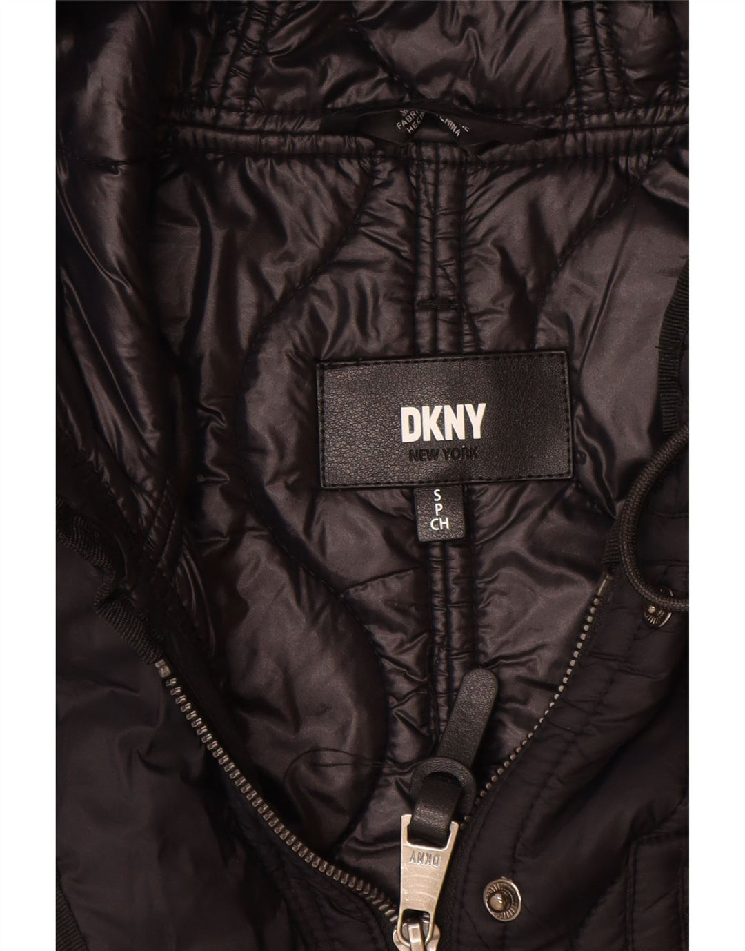 Dkny Dame Oversized Hætte Quiltet Overfrakke UK 10 Small Black Nylon