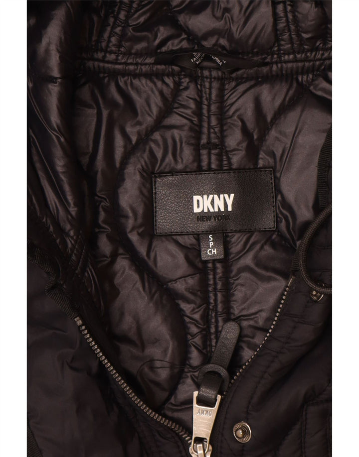 Dkny Dame Oversized Hætte Quiltet Overfrakke UK 10 Small Black Nylon