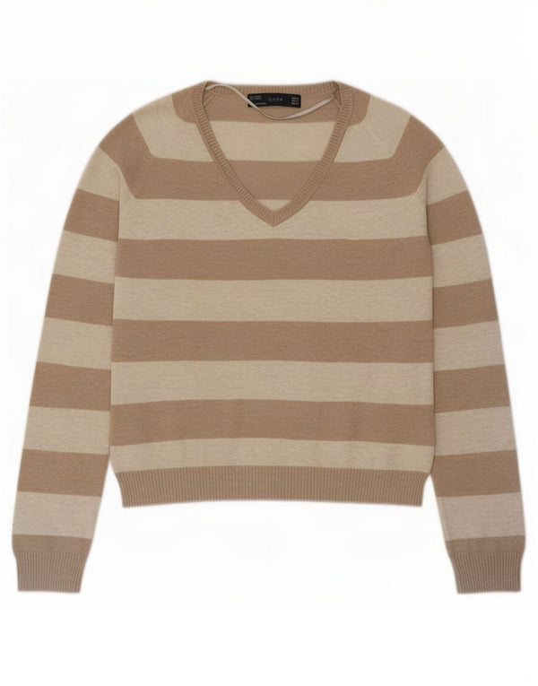 Zara Dame V-hals sweater UK 14 Stor beige stribet bomuld