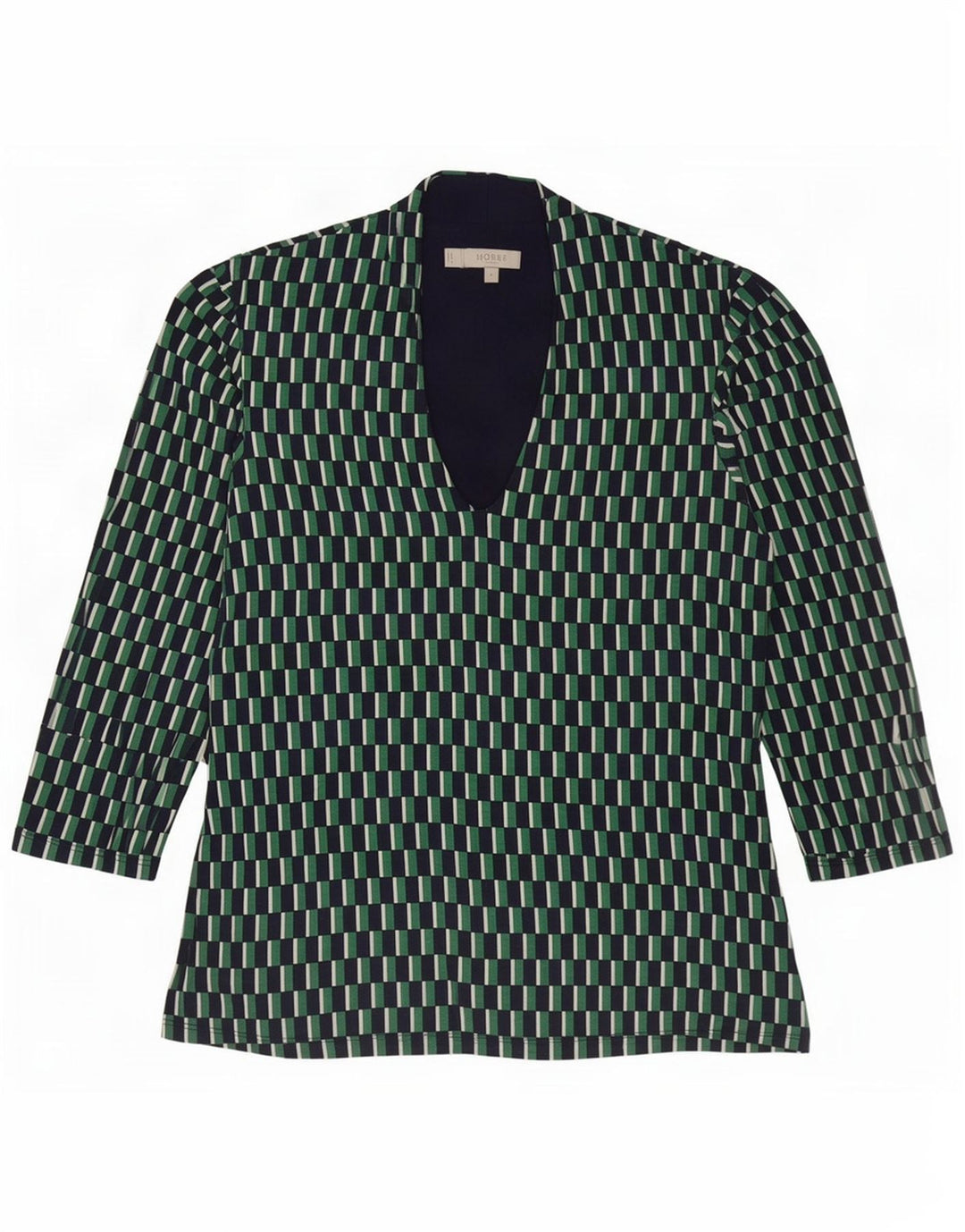Hobbs Dame 3/4-ærmet bluse Top UK 12 Medium Grøn Geometrisk Viscose
