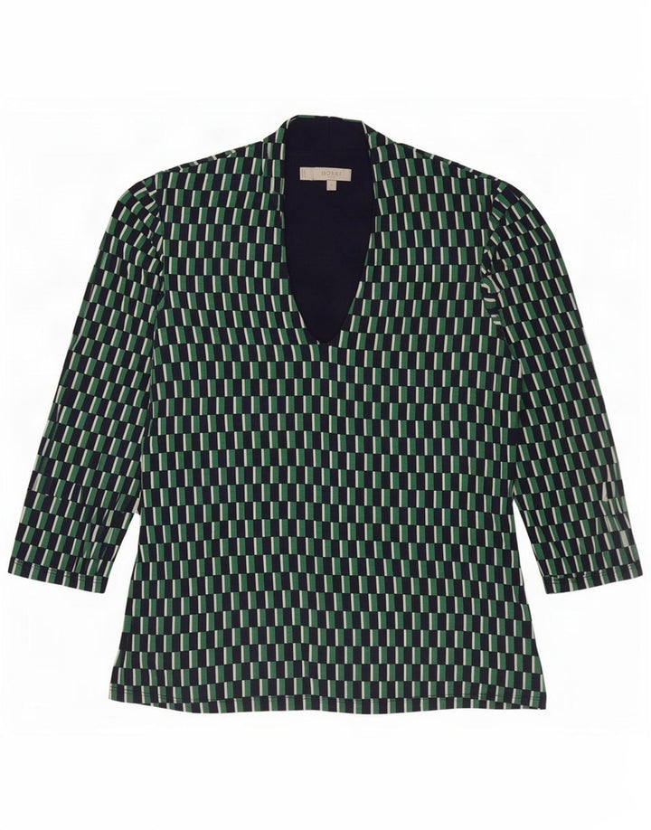 Hobbs Dame 3/4-ærmet bluse Top UK 12 Medium Grøn Geometrisk Viscose