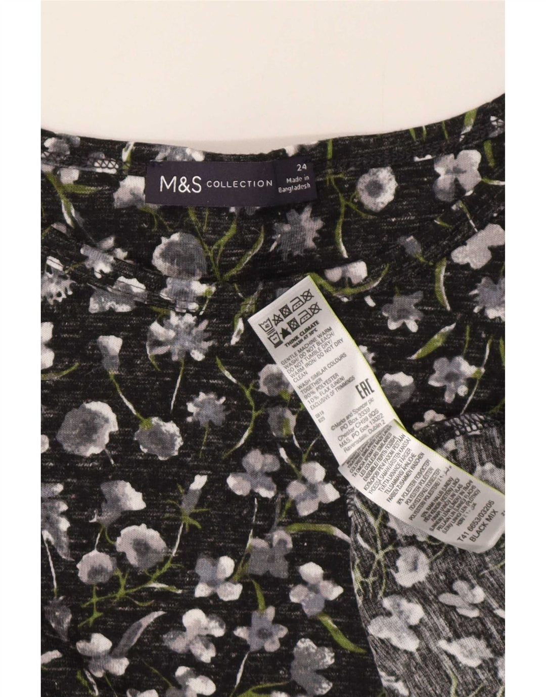 Marks & Spencer dametop 3/4 ærmer UK 24 4XL sort blomstret polyester