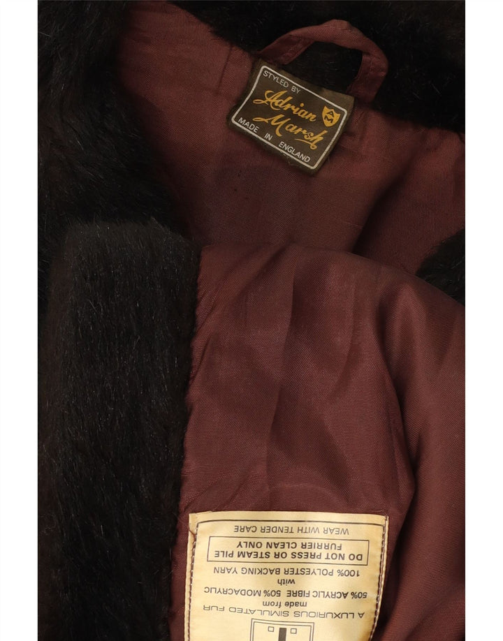 VINTAGE Dame imiteret Pels Dobbeltradet Frakke UK 10 Small Black Acryl