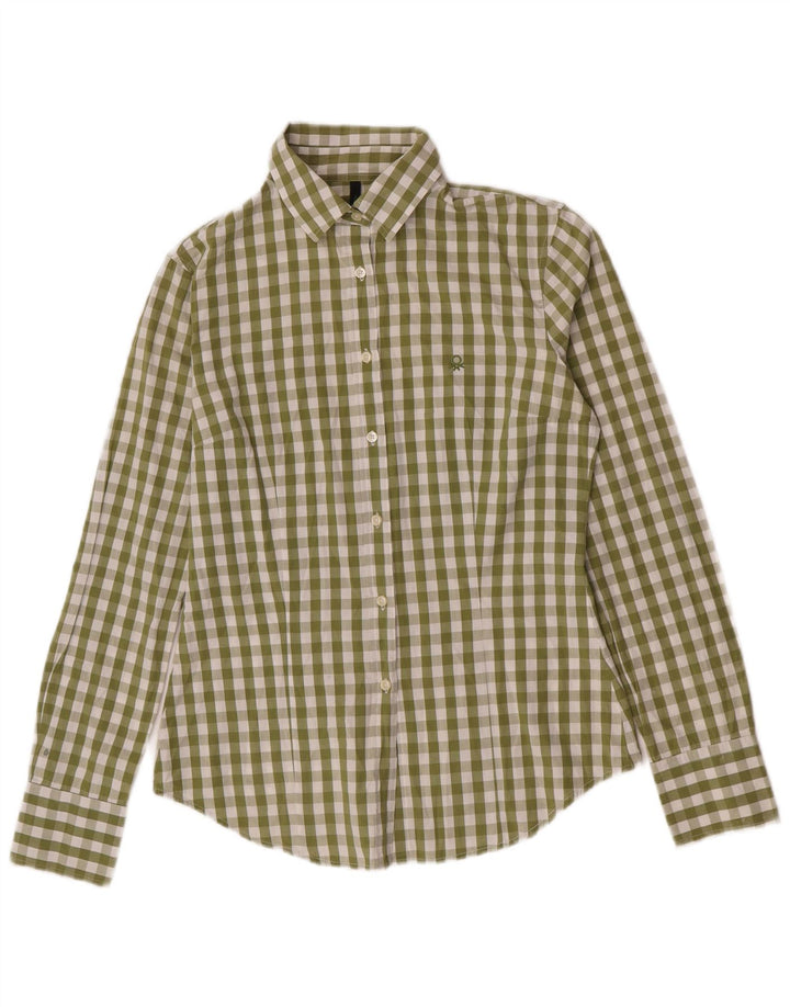 Benetton Womens Shirt UK 10 Small Green Gingham Cotton