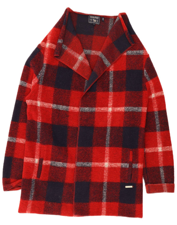 Woolrich Dame Longline Cardigan Sweater UK 10 Lille Rød Plaid Uld