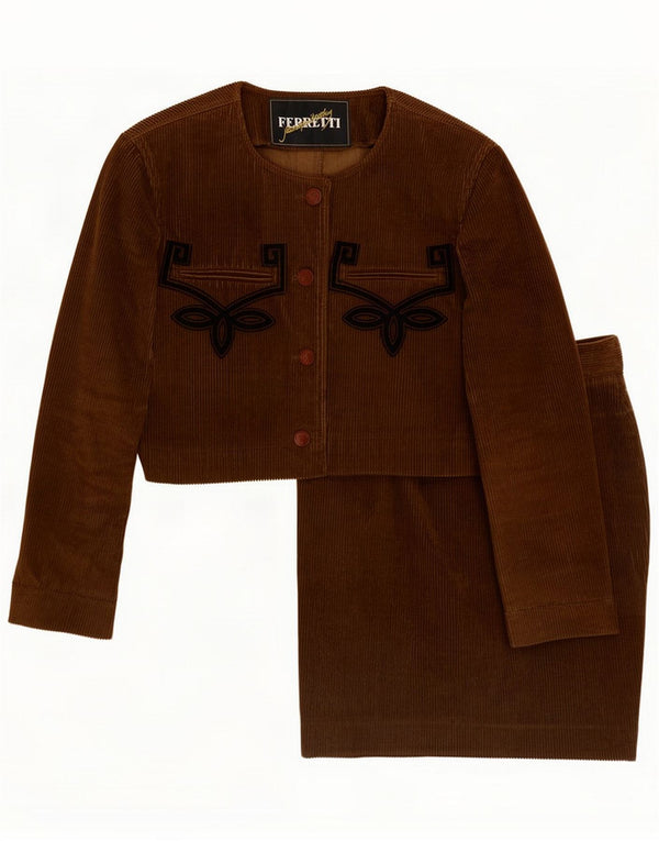 Ferretti Womens 4 Button 2 Piece Skirt Set UK 14 Large W26 Brown Floral