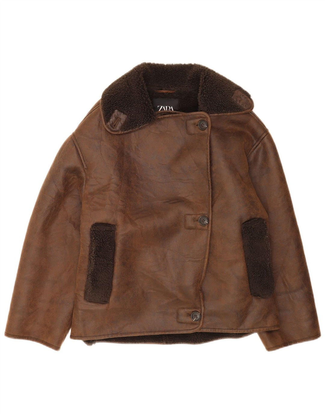 Zara Dame Oversized Sherpa Jacket UK 2 2XS Brun Polyester
