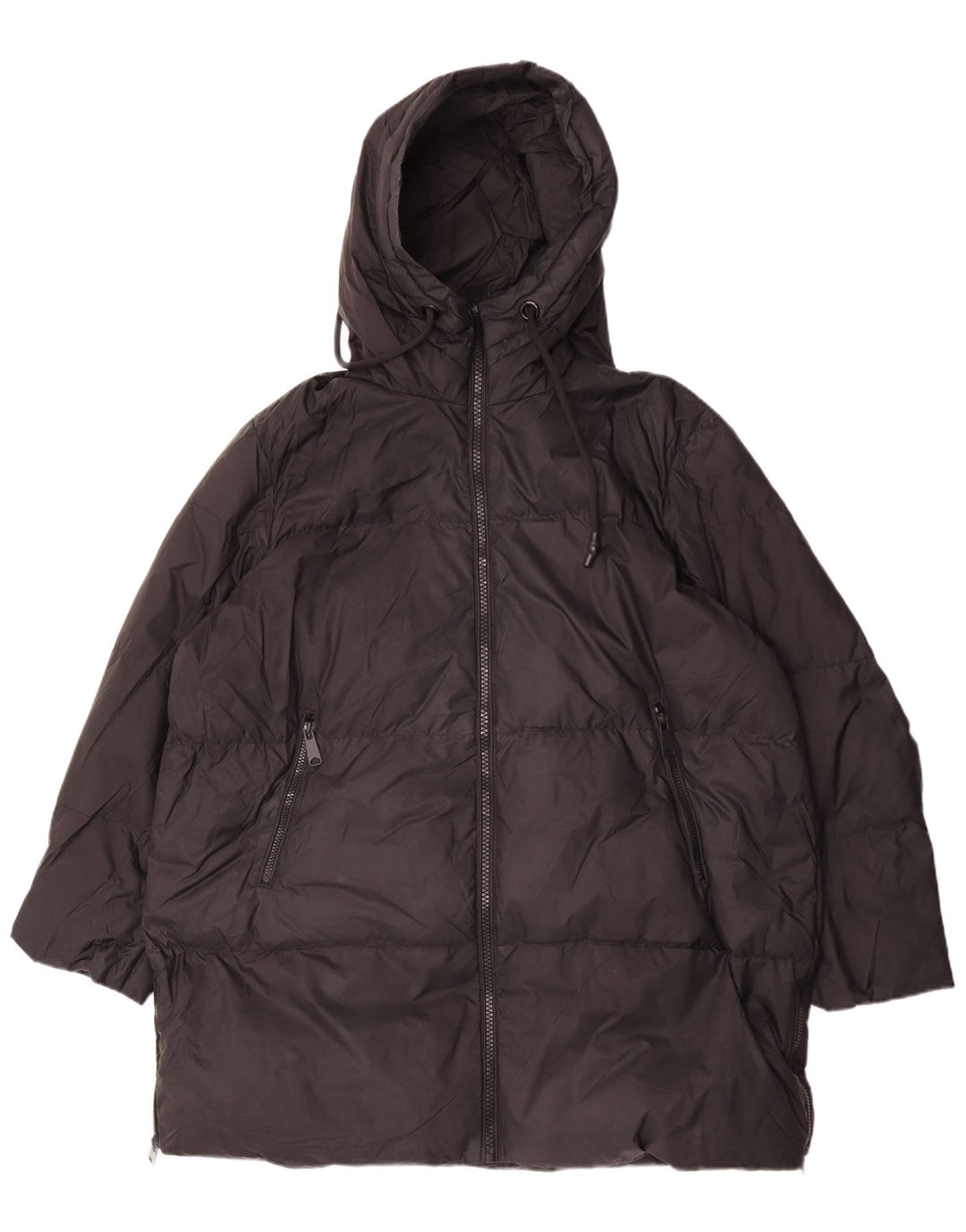 Zara Dame Hætte Oversized Polstret Frakke UK 14 Medium Sort Polyamid