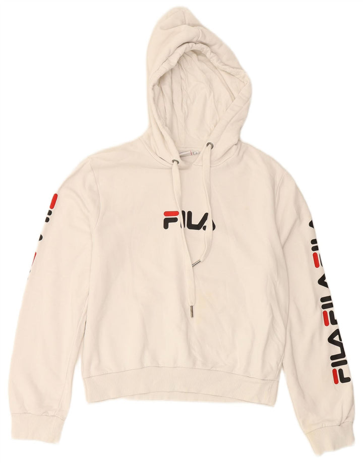 FILA Womens Crop Graphic Hoodie Jumper UK 10 Small White Bomuld