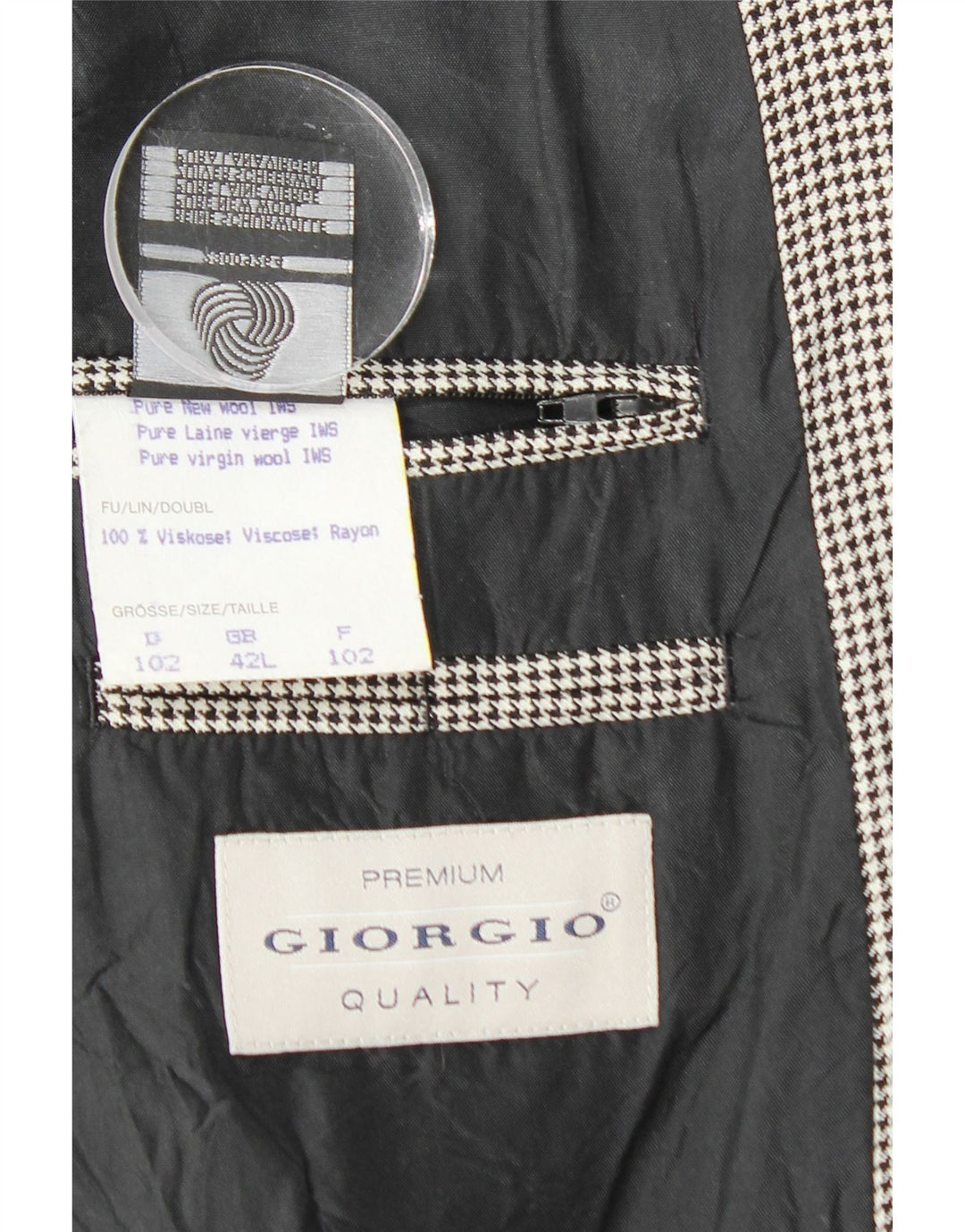 VINTAGE blazerjakke til mænd med 2 knapper UK 42 XL Sort Houndstooth New Wool