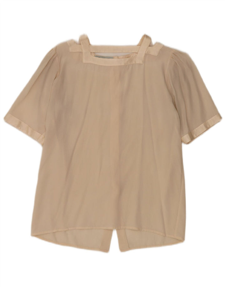 Vintage kortærmet skjortebluse til kvinder UK 12 Medium Beige
