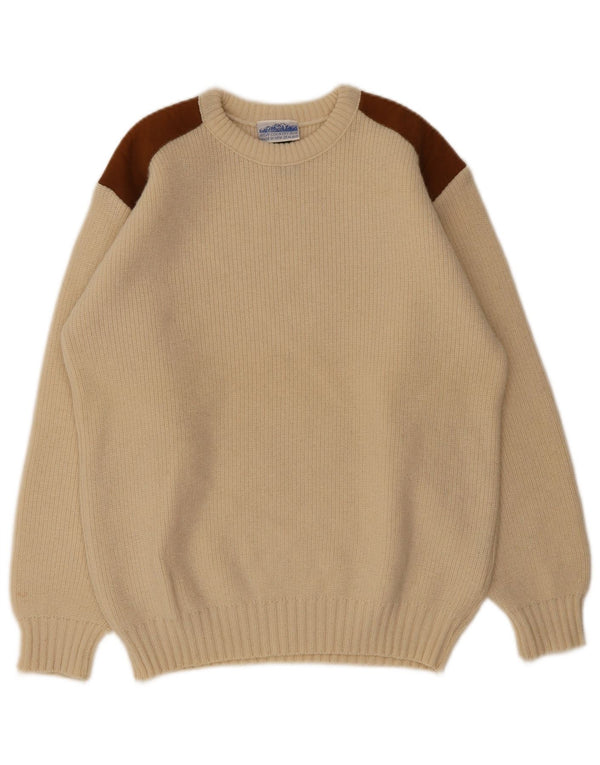 Vintage sweater med rund hals til mænd Medium Beige Colourblock Uld