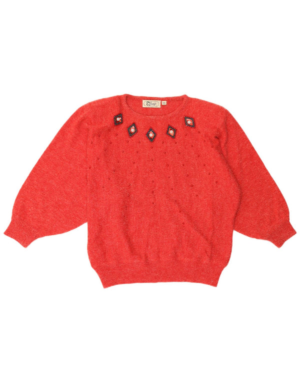 Vintage dame sweater med rund hals i én størrelse rød akryl