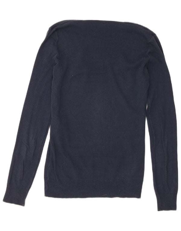 Benetton Womens V-Neck Jumper Sweater UK 10 Small Navy Blue Cotton