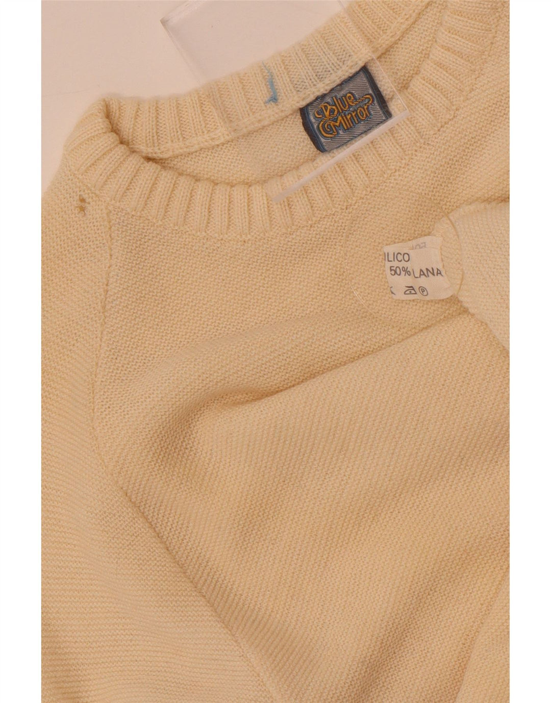 Vintage herre sweater med rund hals, lille off-hvid colourblock uld