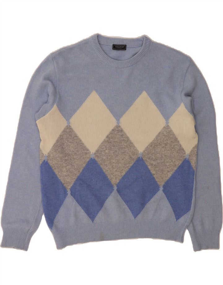 VINTAGE Mens Crew Neck Jumper Sweater IT 48 Small Blue Argyle/Diamond Wool Vintage Vintage and Second-Hand Vintage from Messina Hembry 