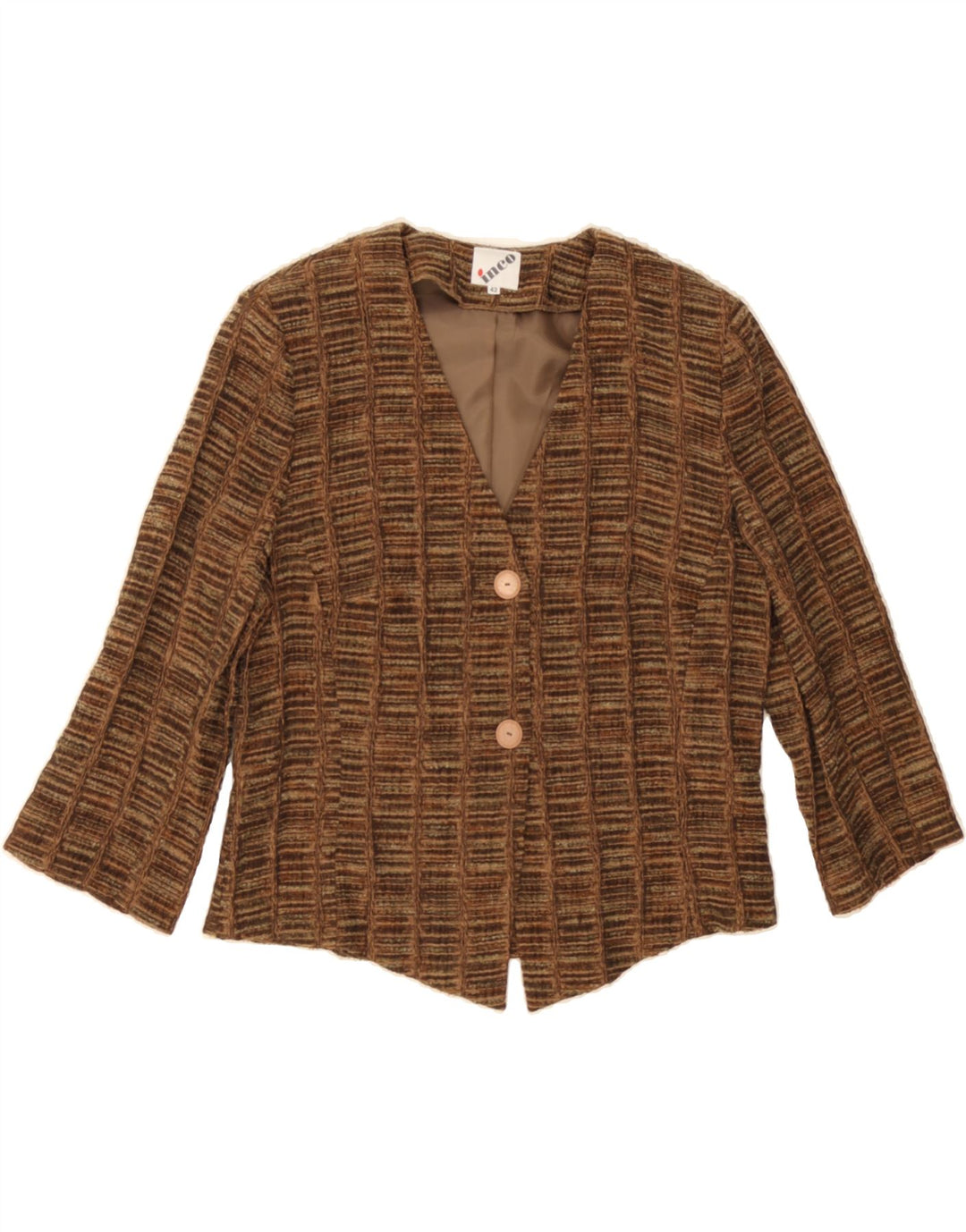 VINTAGE Womens 3/4 Sleeve Blazer Jacket IT 42 Medium Brown Striped Vintage Vintage and Second-Hand Vintage from Messina Hembry 