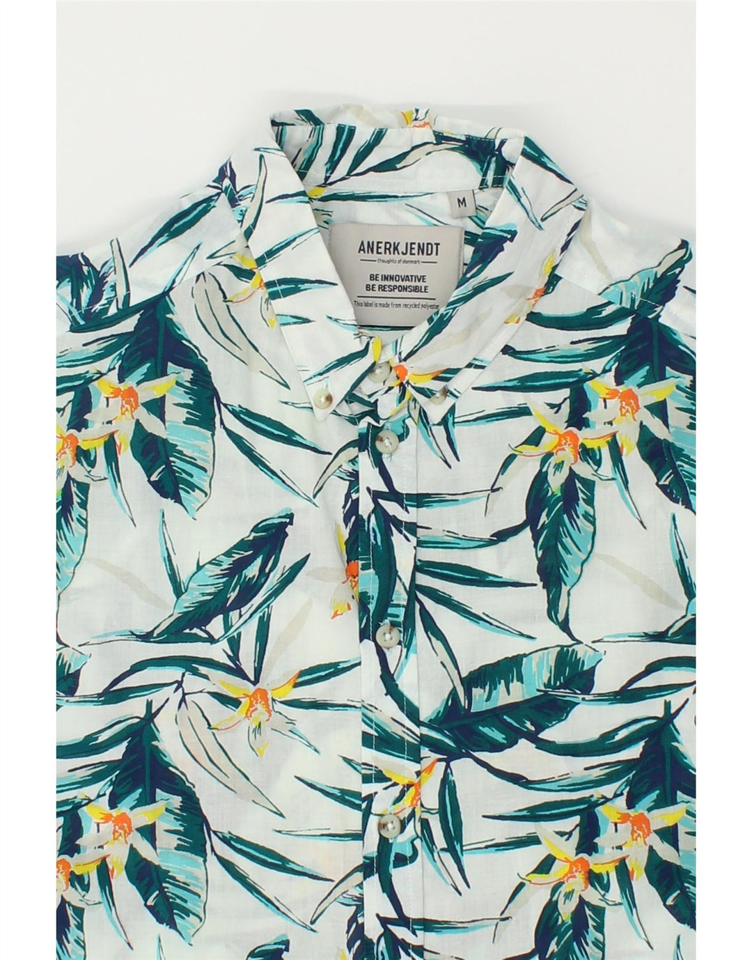 ANERKJENDT Mens Short Sleeve Shirt Medium Blue Floral Polyester Hawaiian Vintage Anerkjendt and Second-Hand Anerkjendt from Messina Hembry 
