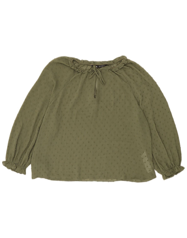 Zara Dame Gennemsigtig 3/4-ærmet bluse Top UK 14 Medium Khaki Plettet